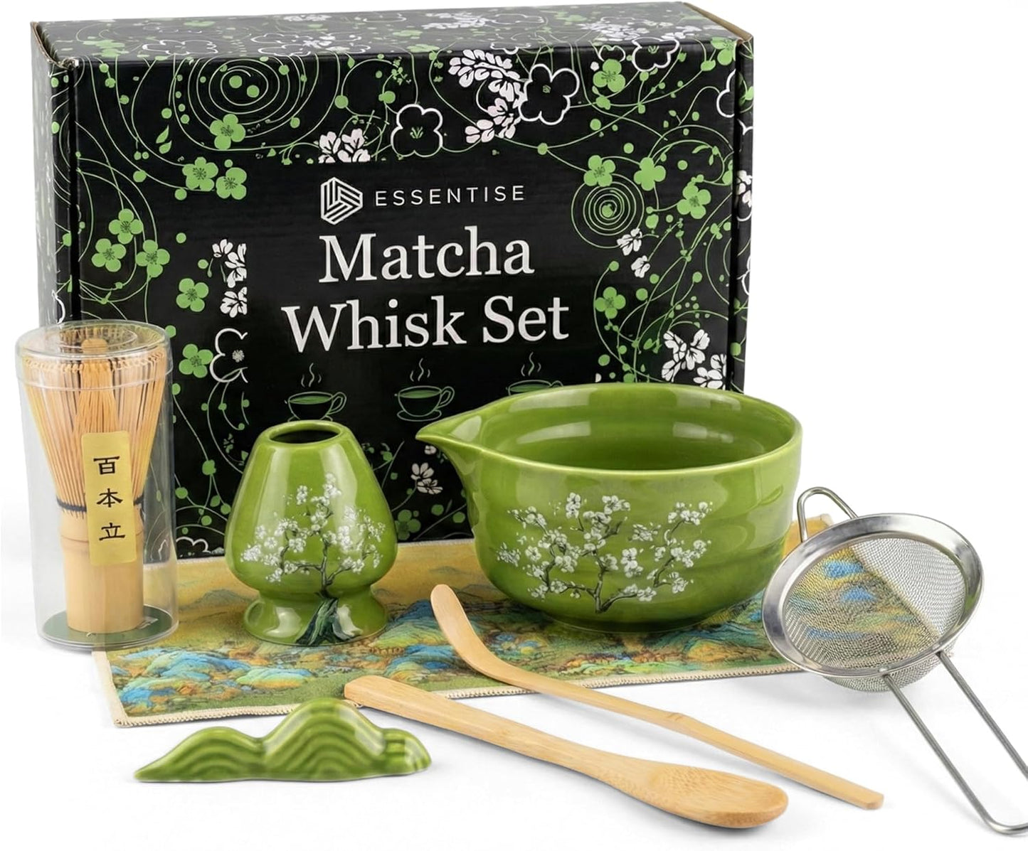 ESSENTISE Matcha Whisk Set, Japanese Tea Kit with Ceramic Bowl, Bamboo Chasen, Spoon Rest, Sifter, Scoop, Holder & Towel – 8-Piece Tea Ceremony Collection
