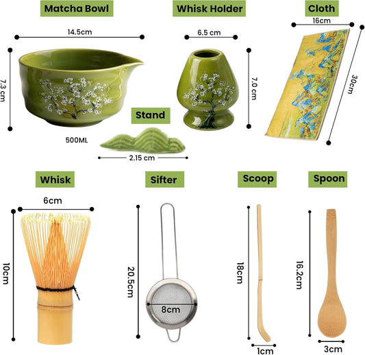 ESSENTISE Matcha Whisk Set, Japanese Tea Kit with Ceramic Bowl, Bamboo Chasen, Spoon Rest, Sifter, Scoop, Holder & Towel – 8-Piece Tea Ceremony Collection